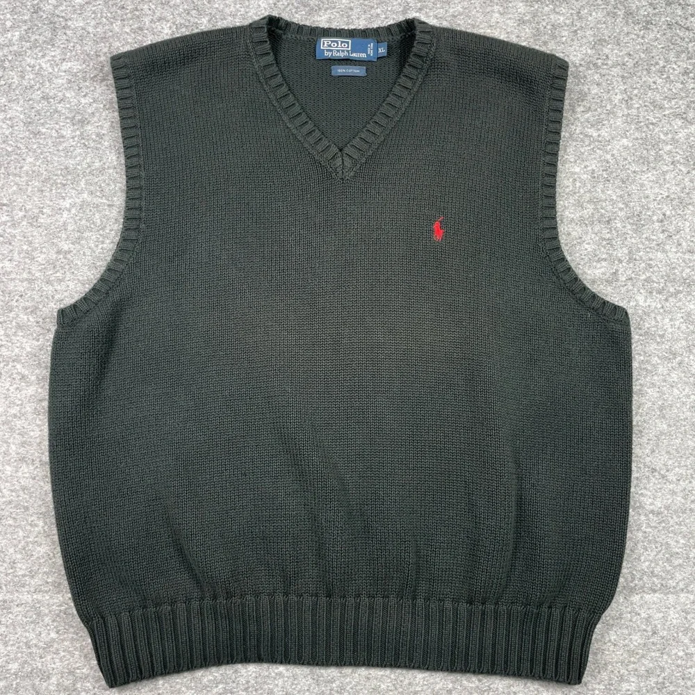 VTG Polo Ralph Lauren Sweater Vest Mens XL Green V-Neck Cotton Pony Knit 90s